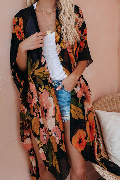 Morning Sunshine Beach Floral Printed Kimono - 3 Colors Black