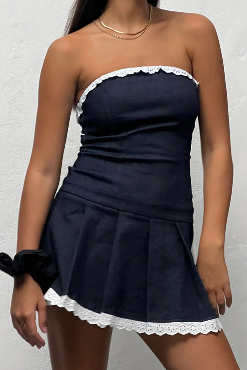 So Much Love Lace Denim Sleeveless Mini Dress - 2 Colors Deep Blue