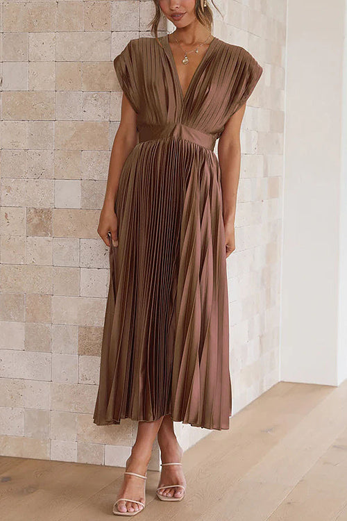 It's Another Day V-Neck Pleated Midi Dress - 5 Colors Coffee