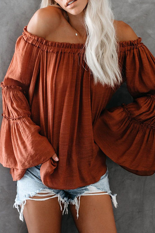 In the Breeze Ruffle Off Shoulder Shirt - 3 Colors Brick Red
