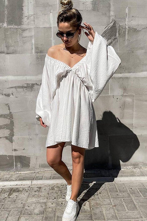 Feeling So Sweet V-neck Long Sleeve Mini Dress - 7 Colors White