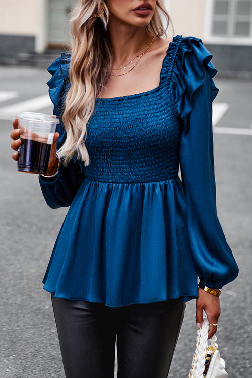 Into Your Heart Ruffled Smocked Long Sleeve Top - 3 Colors Navy