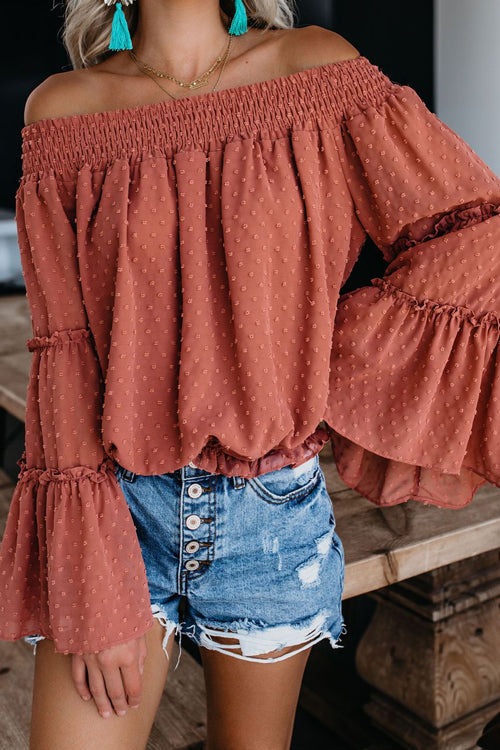 In the Breeze Dot Off Shoulder Shirt - 3 Colors Brick Red