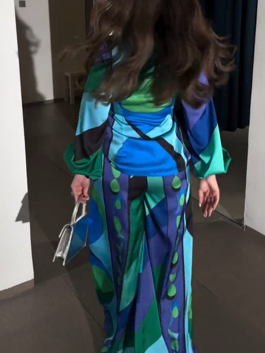 Exquisite Geometric Print Shirt & Wide-Leg Pants Two-Piece Set