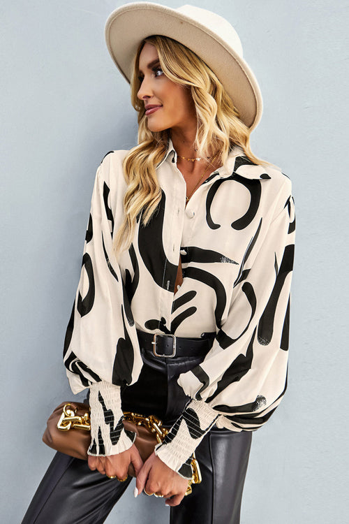 Life Of Love Print Button Down Smocked Top - 7 Colors Cream&Black