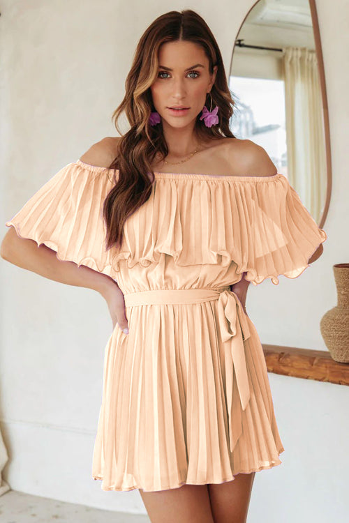 Pleat The Way Off Shoulder Tie-Waist Romper - 4 Colors Beige