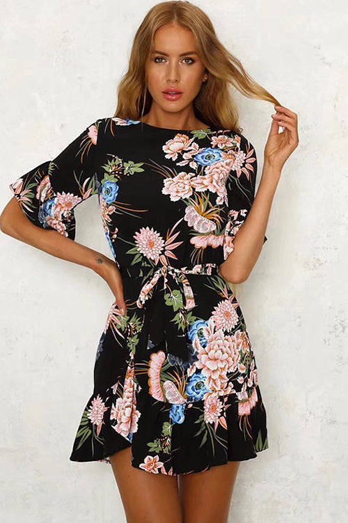 Print Ruffle Hem Mini Dress - 3 Colors Black