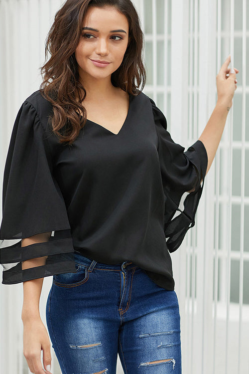 Sweetly Charmed V-Neck Bell Sleeve Top - 5 Colors Black