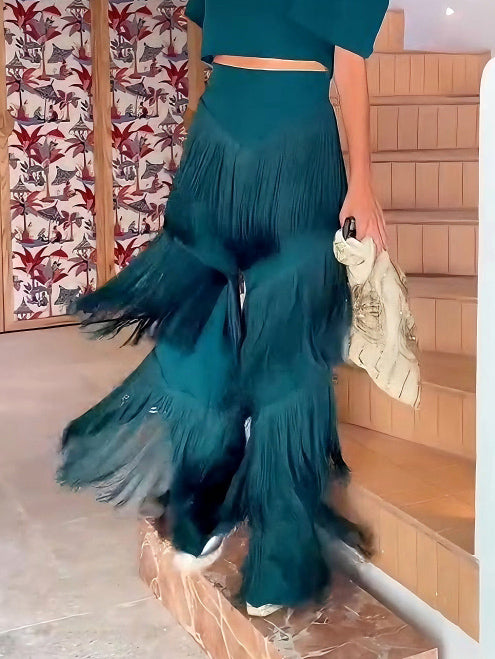 Elegant High-Waist Layered Fringe Wide-Leg Pants Dark Green