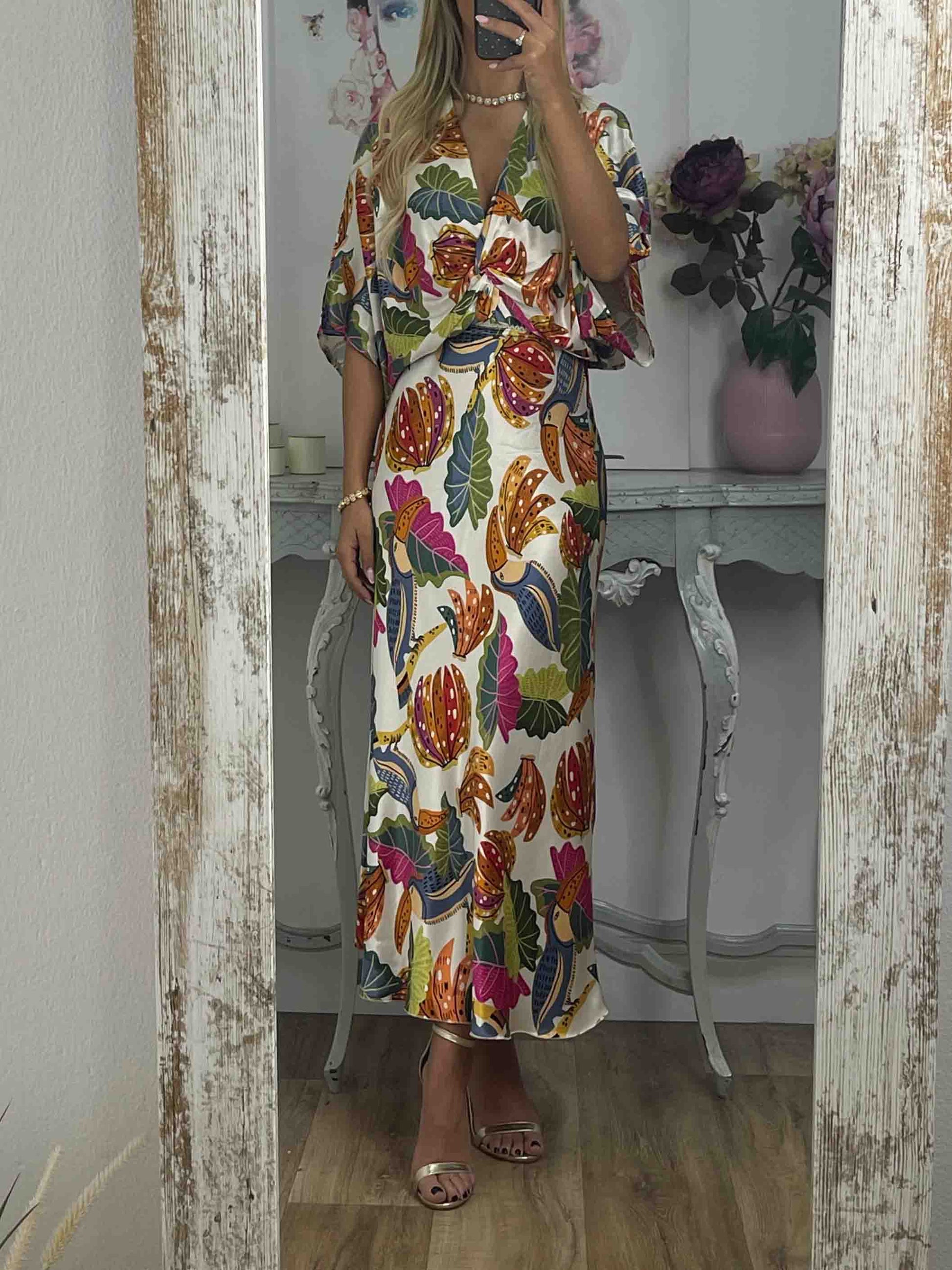 Retro Jungle Palm Leaf Satin Print Skirt Cream Set