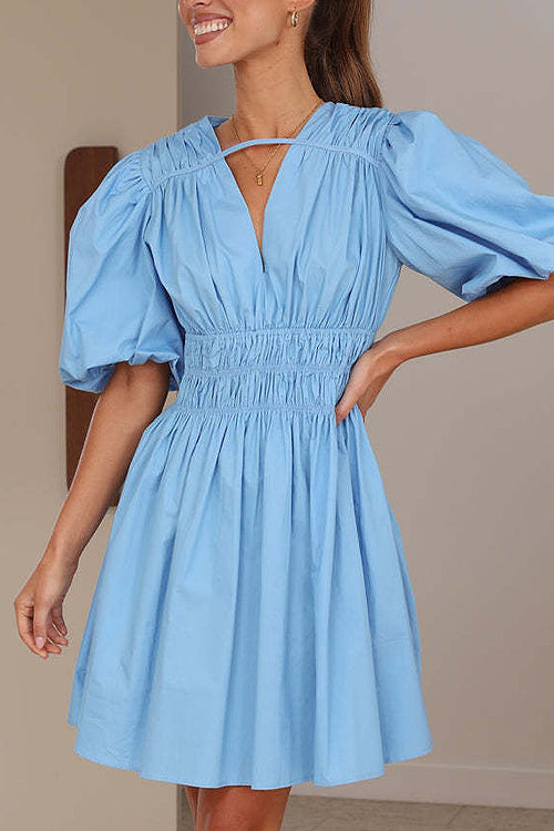 Always In Mind Puff Sleeve Pleated Mini Dress - 5 Colors Light Blue