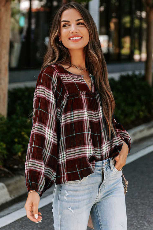 Weekend Moments Plaid Long Sleeve Top - 4 Colors Wine