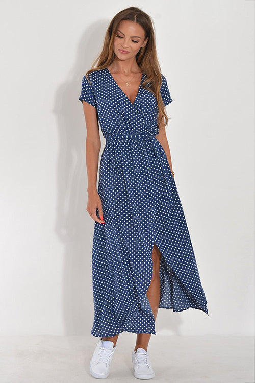 Do What You Love Print High-Slit Maxi Dress - 4 Colors Navy Blue Dot