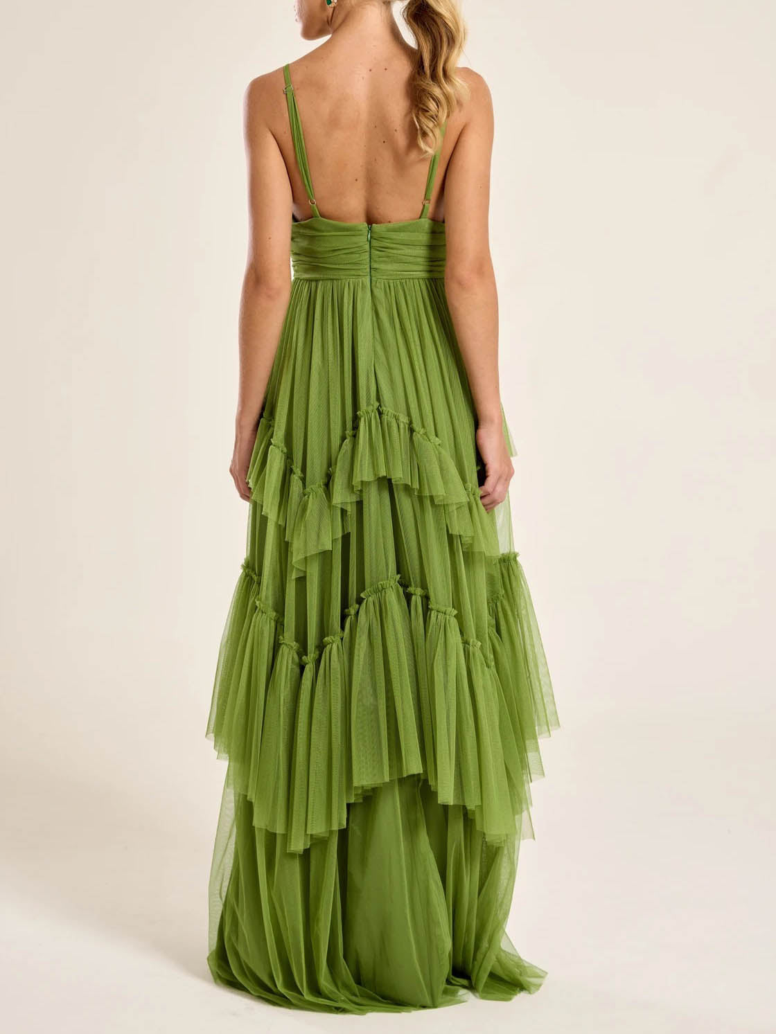 Elegant Deep V-Neck Tiered Tulle Maxi Dress