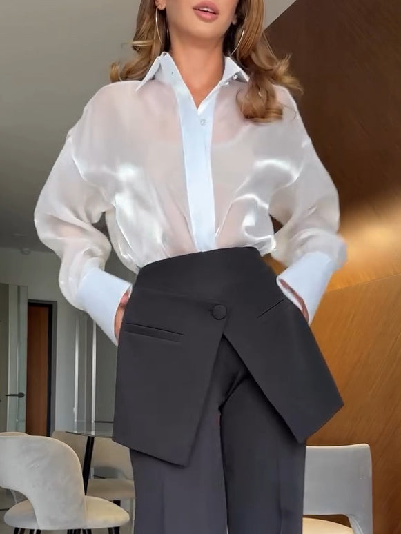 Elegant Shirt-collared Organza Sheer Shirt White