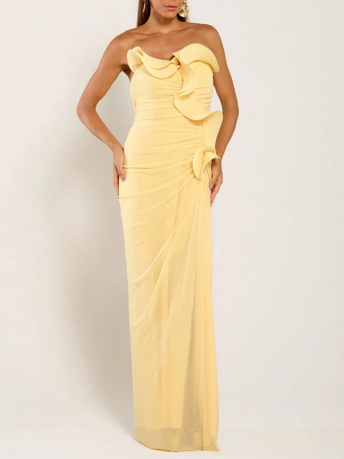 Elegant Strapless Ruched Floral Applique Maxi Dress Yellow