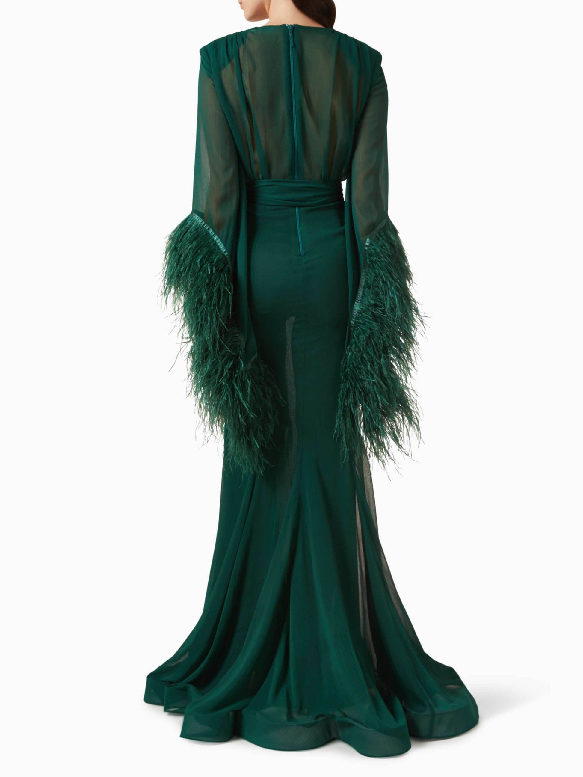 Elegant V-Neck Feather Cuff Chiffon Flowing Party Maxi Dress