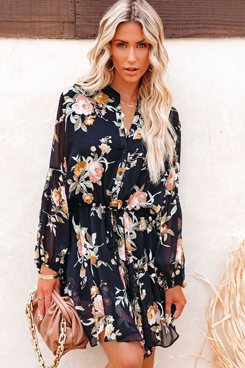 Love Of Romance Floral Print Ruffle Mini Dress - 5 Colors Black&Beige