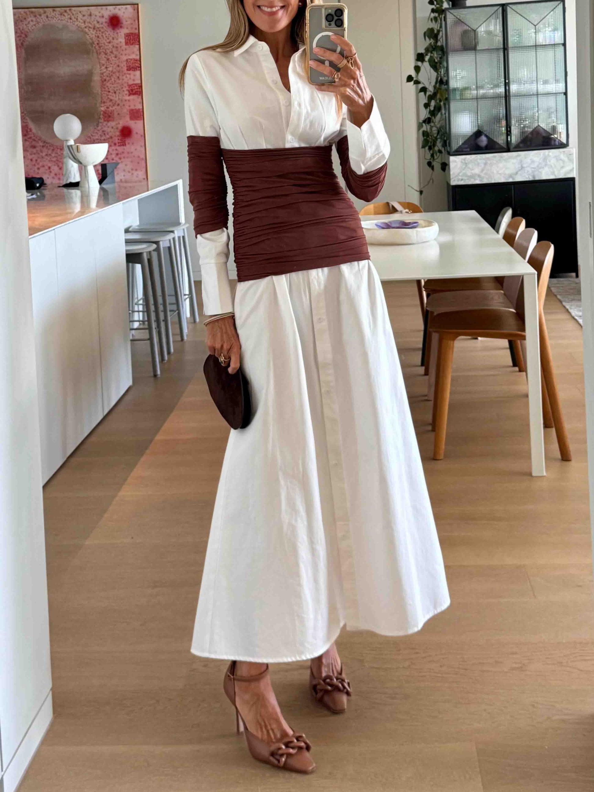 Elegant Mesh Panel Shirt Maxi Dress White