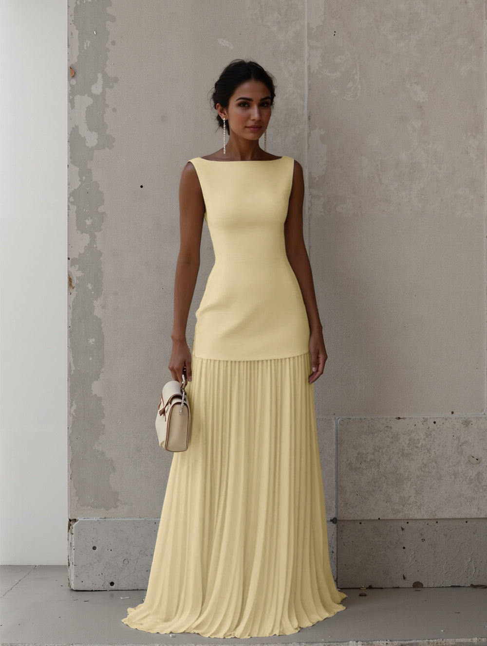 Elegant Pleated Classic Boat Neck Pleated Maxi Dress Yellow