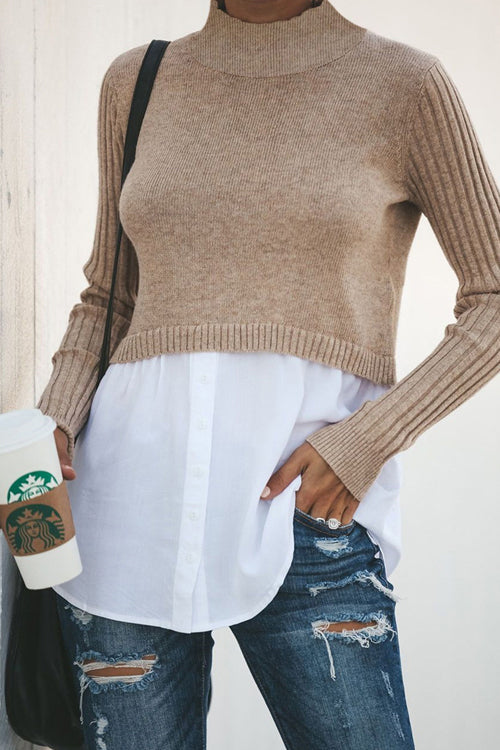 Double Layer High-Neck Knit Top - 2 Colors Khaki