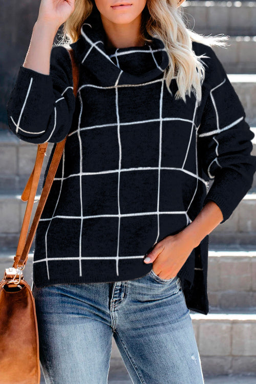 Cozy Moments TurtleNeck Check Knit Sweater - 3 Colors Black