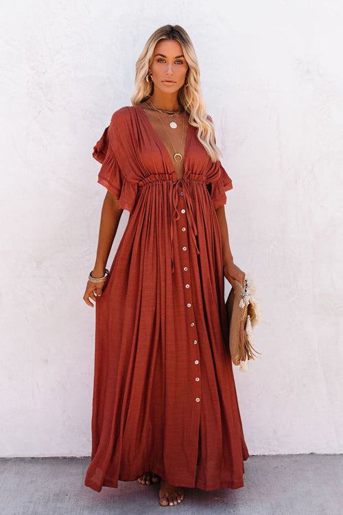 Sunshine And Fun Ruffled Beach Wear Maxi Dress - 8 Colors One Size Brick Red