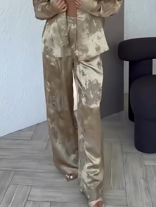Exquisite Satin Gradient Print Wide-leg Pants Khaki