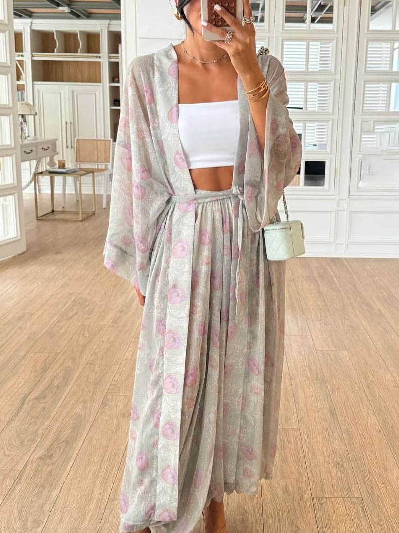 Exquisite Floral Print Tie-Down Chiffon Blouse Green