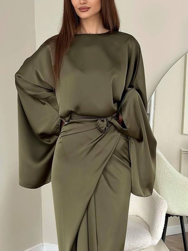 Minimalist Loose Shirt And Lace-up Skirt Suit-Shirt Green