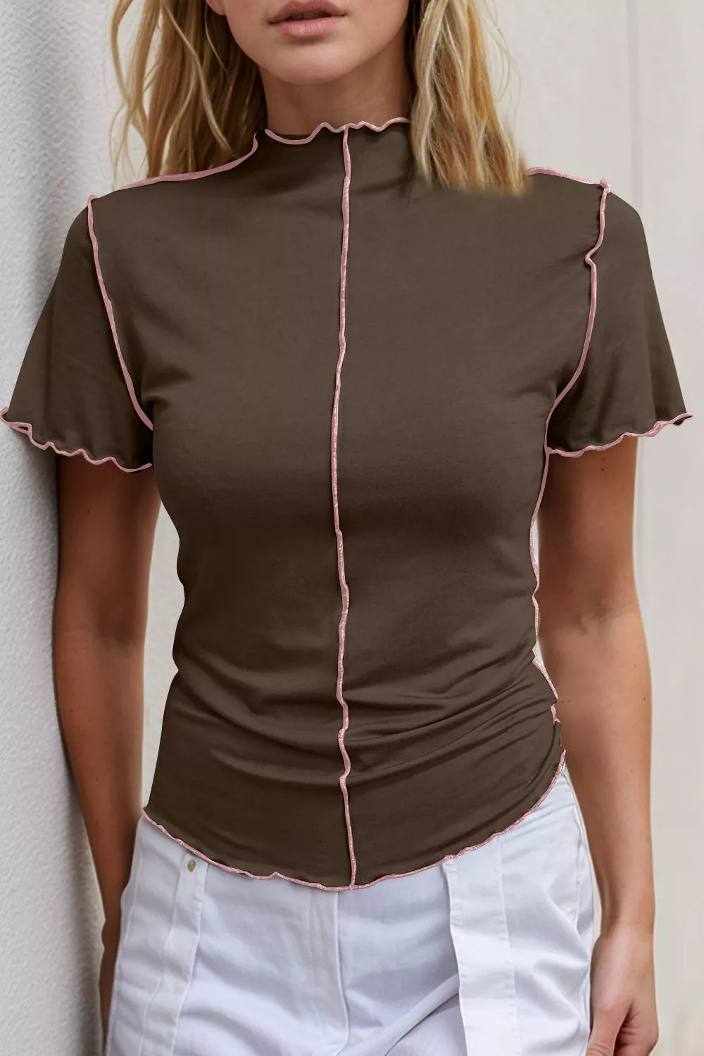 Basic Bae Mock Neck Wave Edge Contrast Stitching Ruffle Short Sleeve Tee