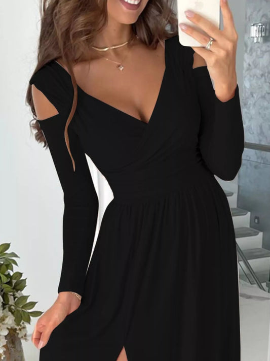 Slit Surplice Cold Shoulder Maxi Dress – Elegant Evening Wrap Dress for Women