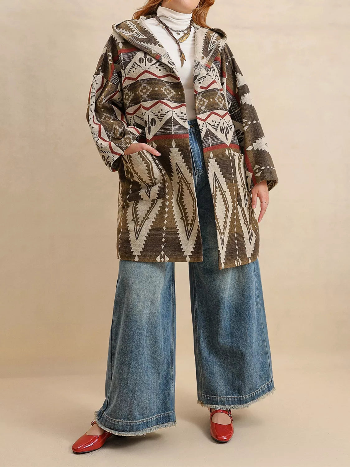 Plus Size Aztec Print Hooded Open Front Cardigan
