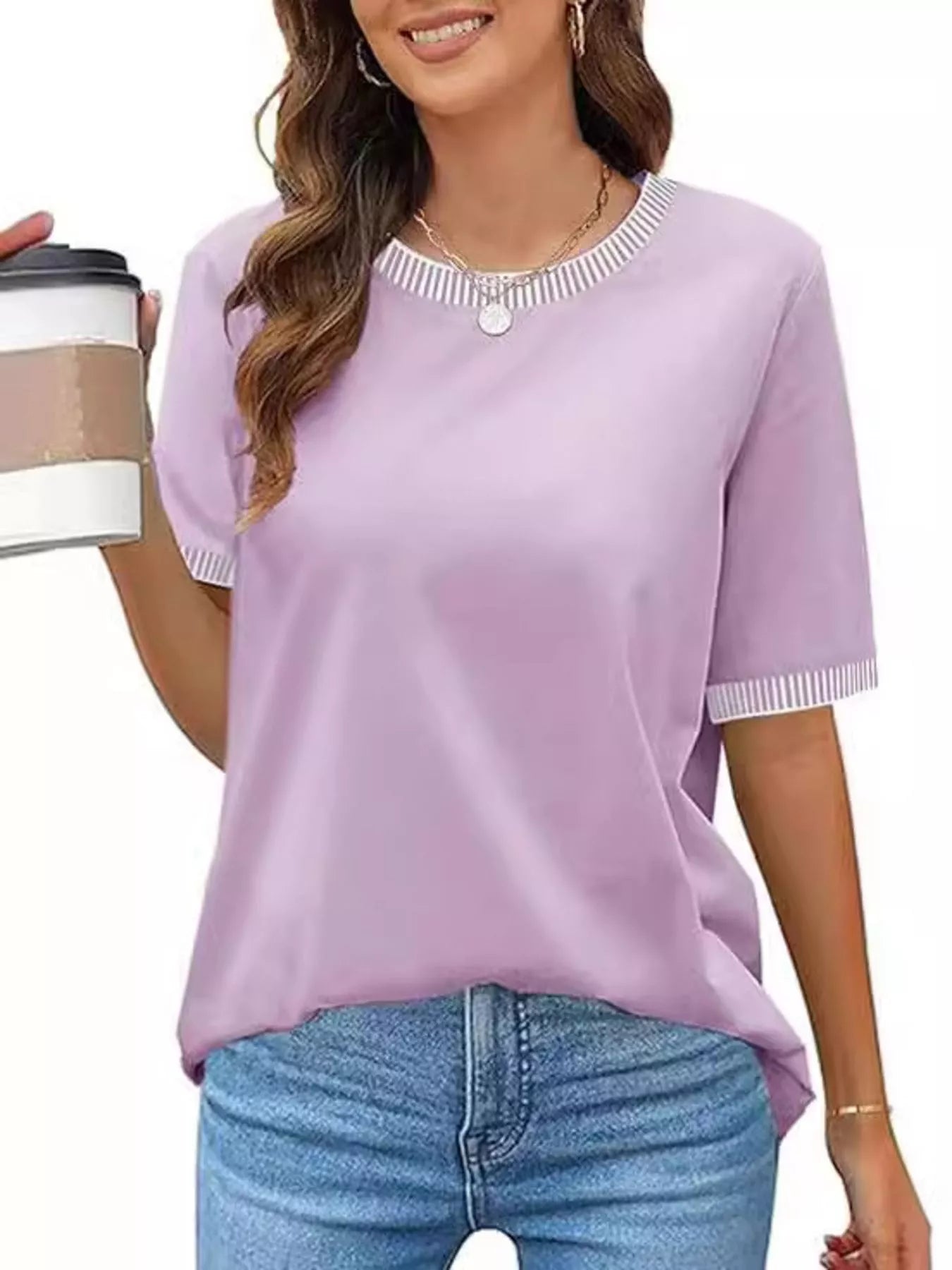 Striped Trim Casual T-Shirt