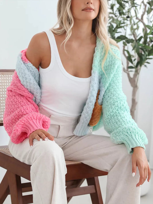 Women’s Color Block Open Front Cardigan – Trendy Long Sleeve Knit Layer for Fall & Winter