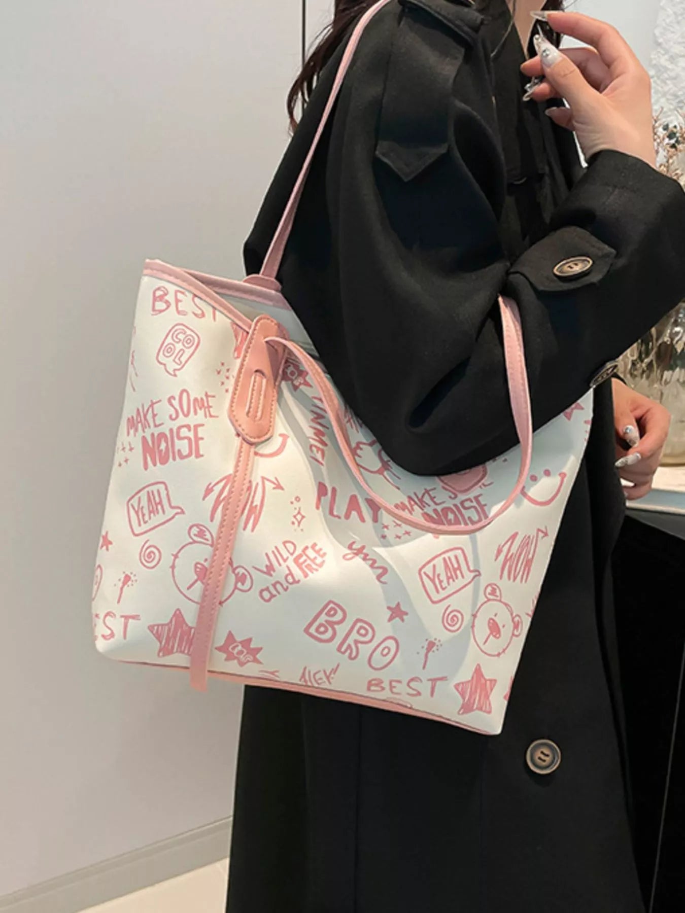 Trendy Graffiti Print Casual Tote Bag – Large Canvas Shoulder Bag for Women