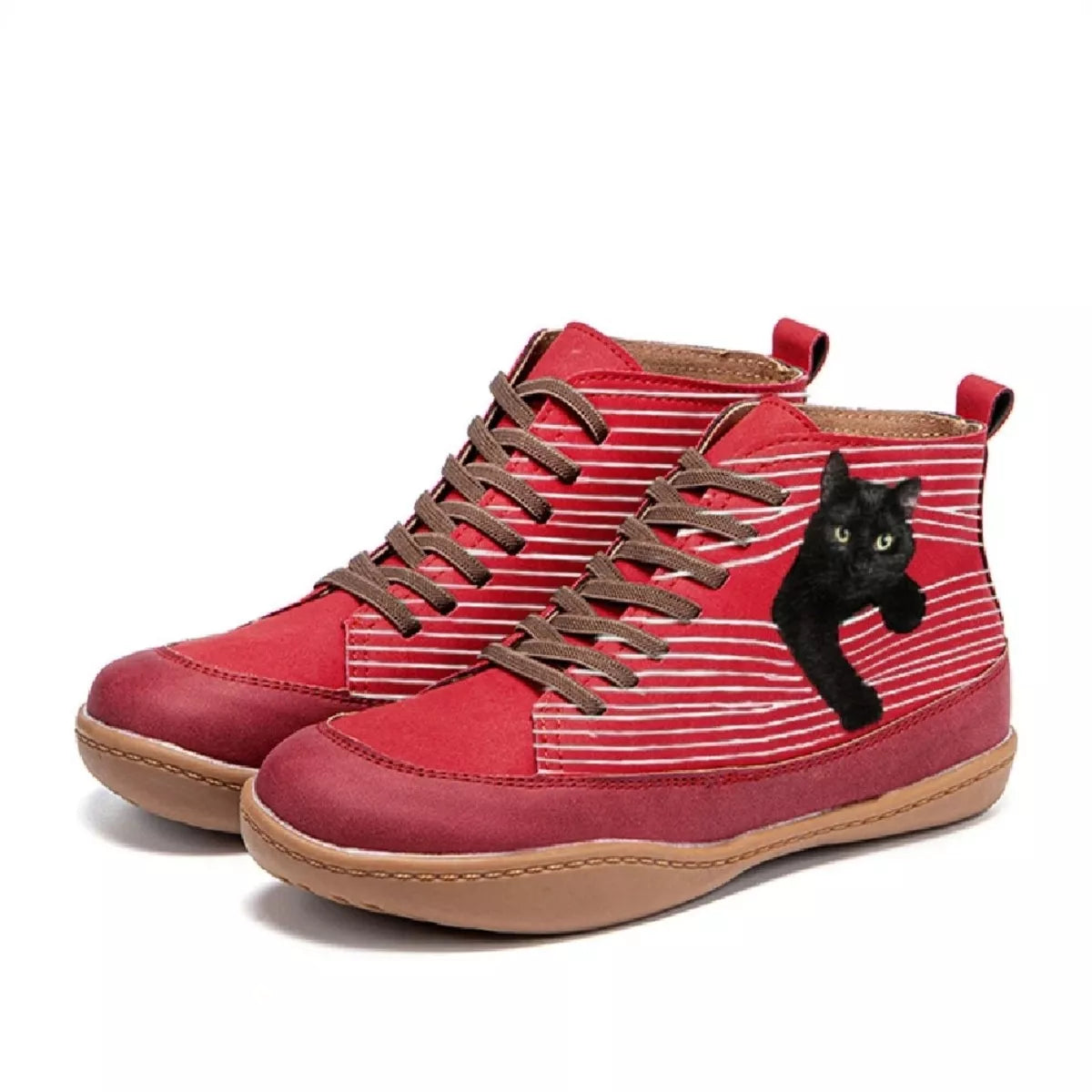 Cat Print Striped Ankle Sneakers