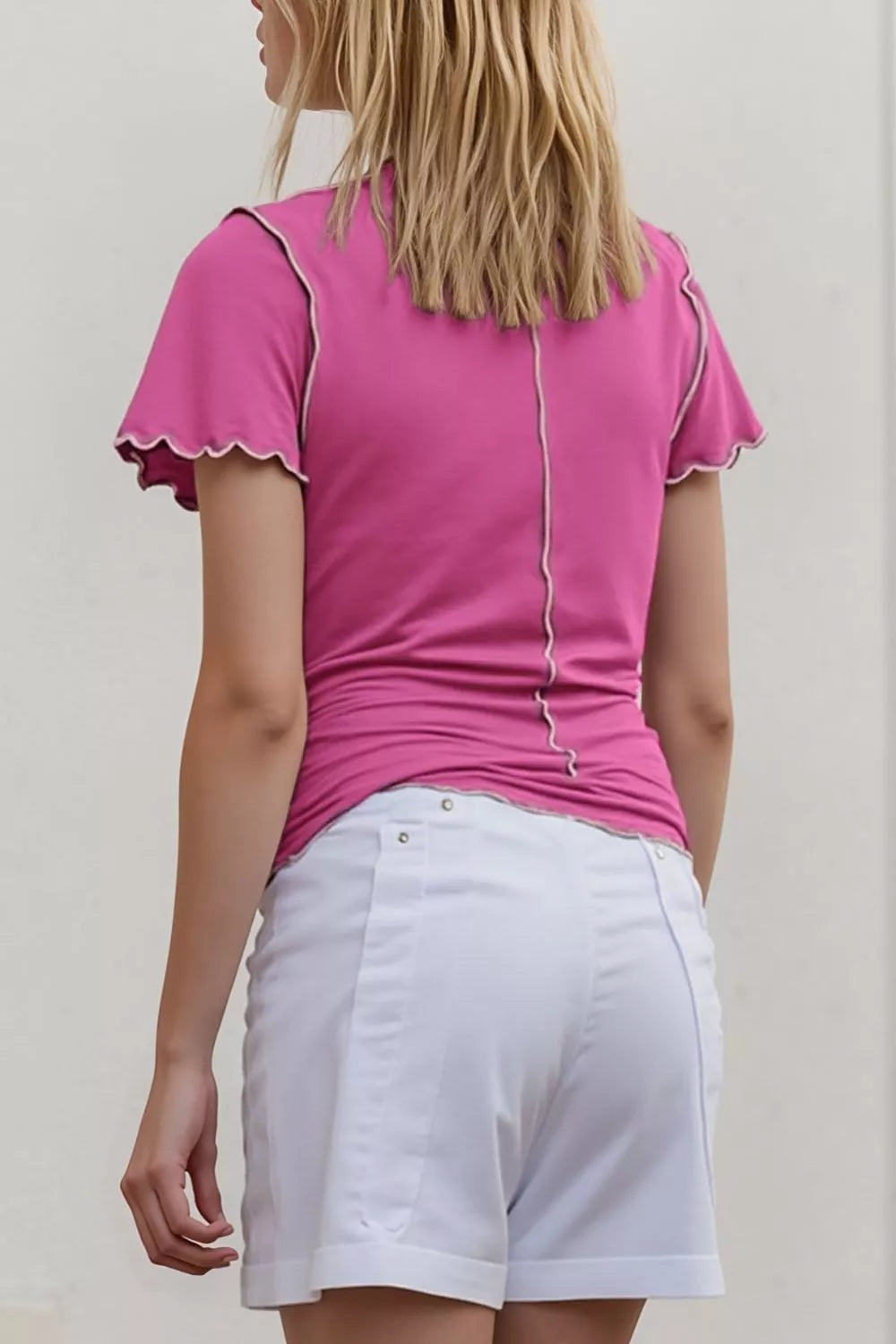 Basic Bae Mock Neck Wave Edge Contrast Stitching Ruffle Short Sleeve Tee