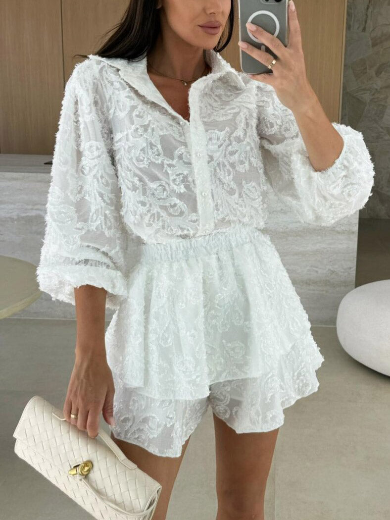 Exquisite Lace Jacquard Hollow Casual Long-sleeved Two-piece Suit White