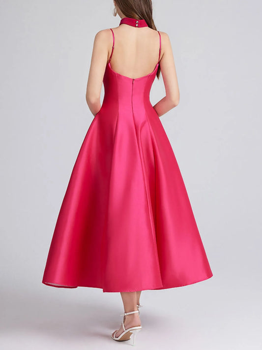 Sweetheart Spaghetti Strap Midi Dress with Collar – Elegant Summer Dress