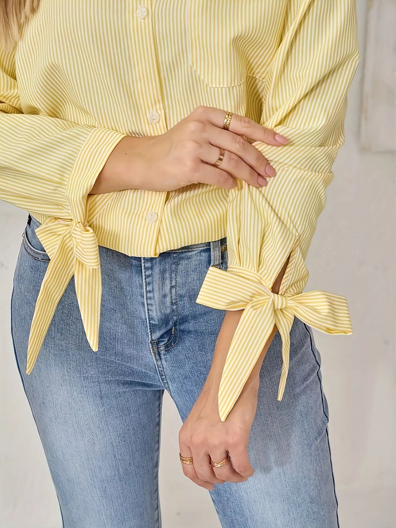 Striped Tie-Cuff Long Sleeve Shirt