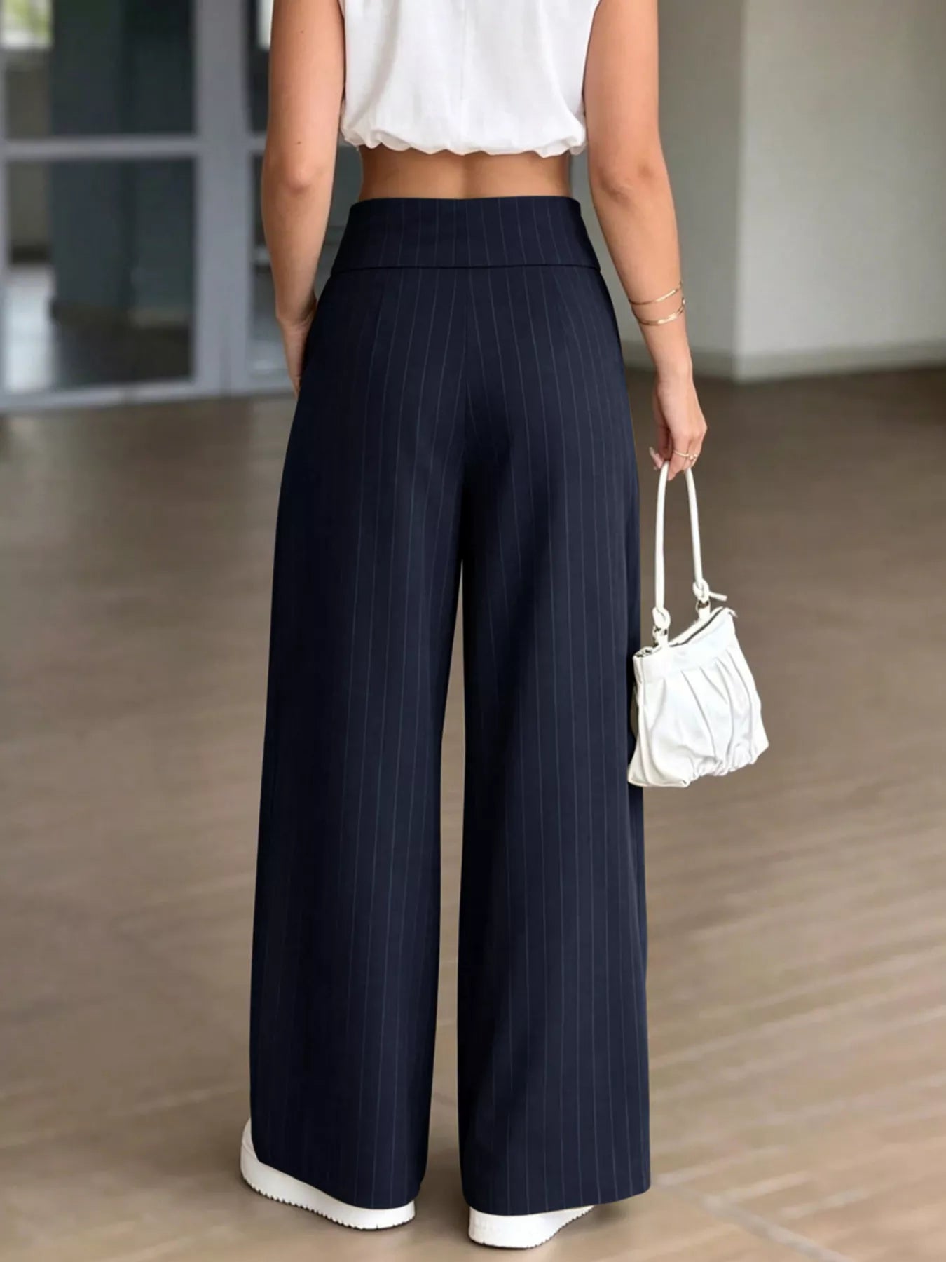 High-Waisted Wide-Leg Pinstripe Pants