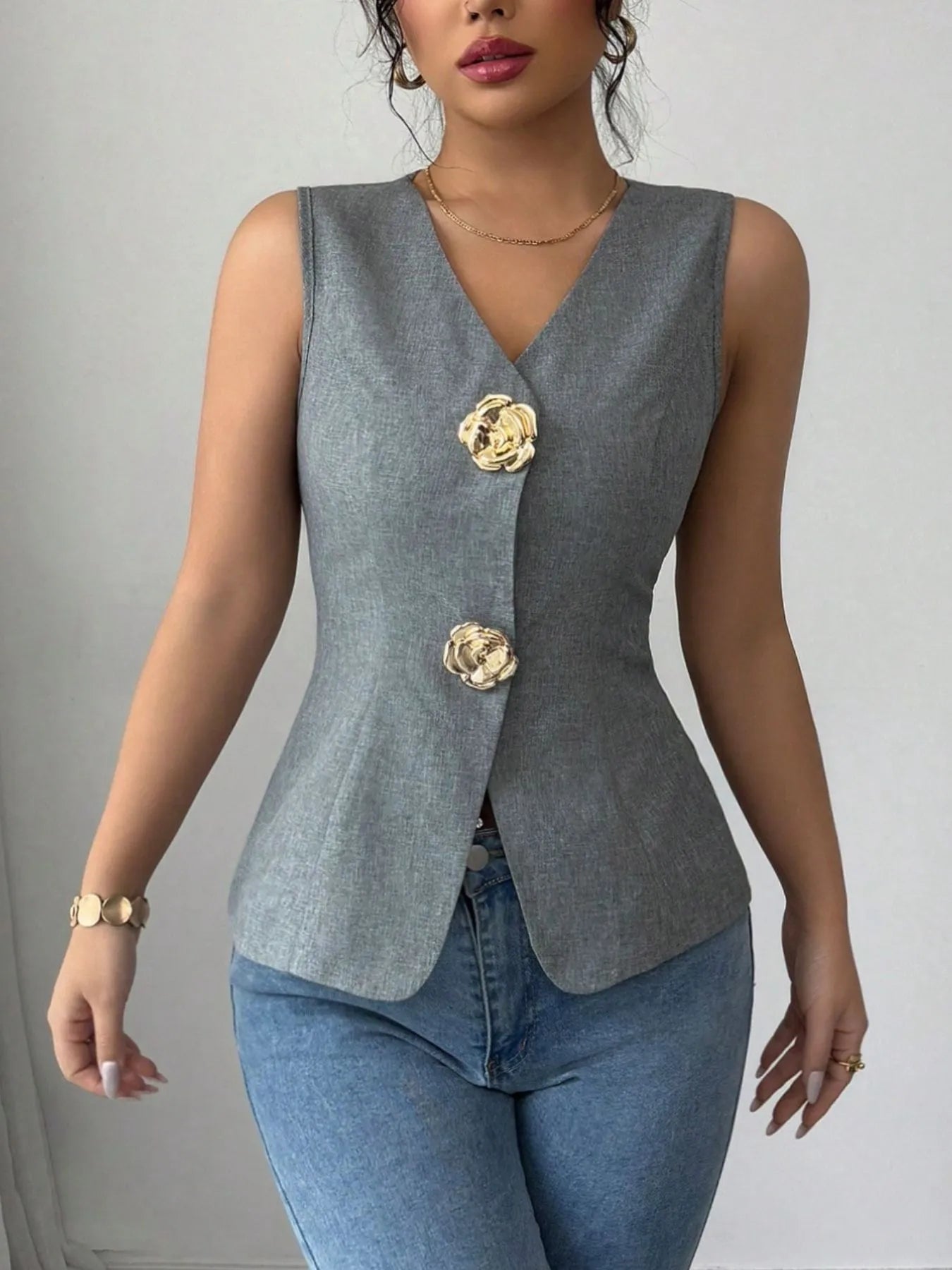 V-Neck Button Detail Tank Top