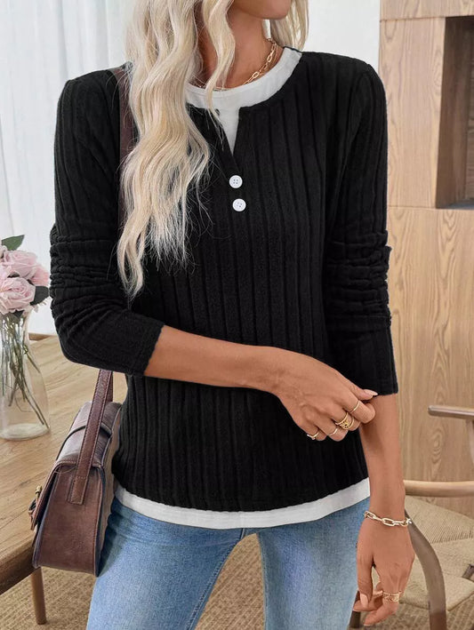 Ribbed Knit Long Sleeve Fake Two-Piece T-Shirt