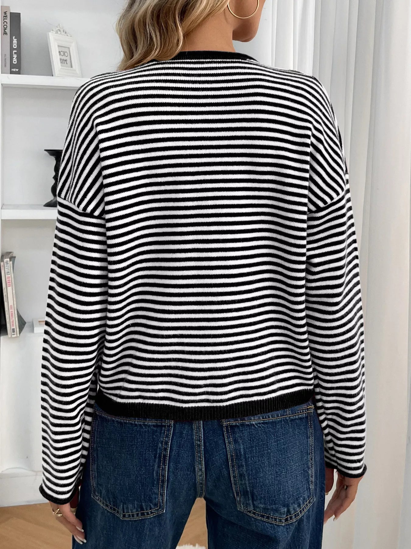 Women’s Striped Button-Down Dropped Shoulder Cardigan – Cozy Knit Sweater