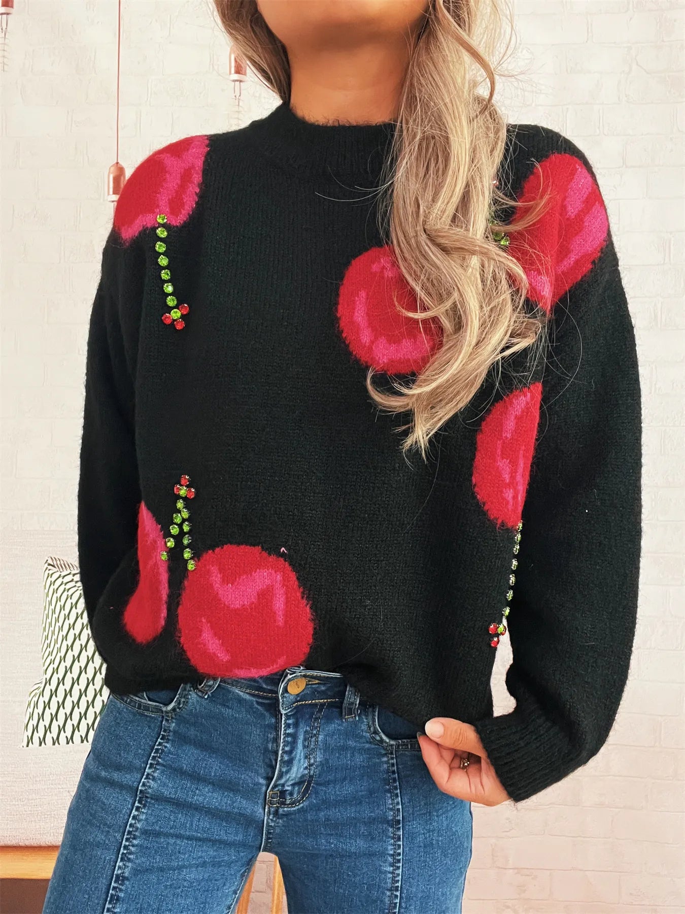 Women’s Contrast Cherry Round Neck Sweater – Cute Knit Pullover for Fall & Winter