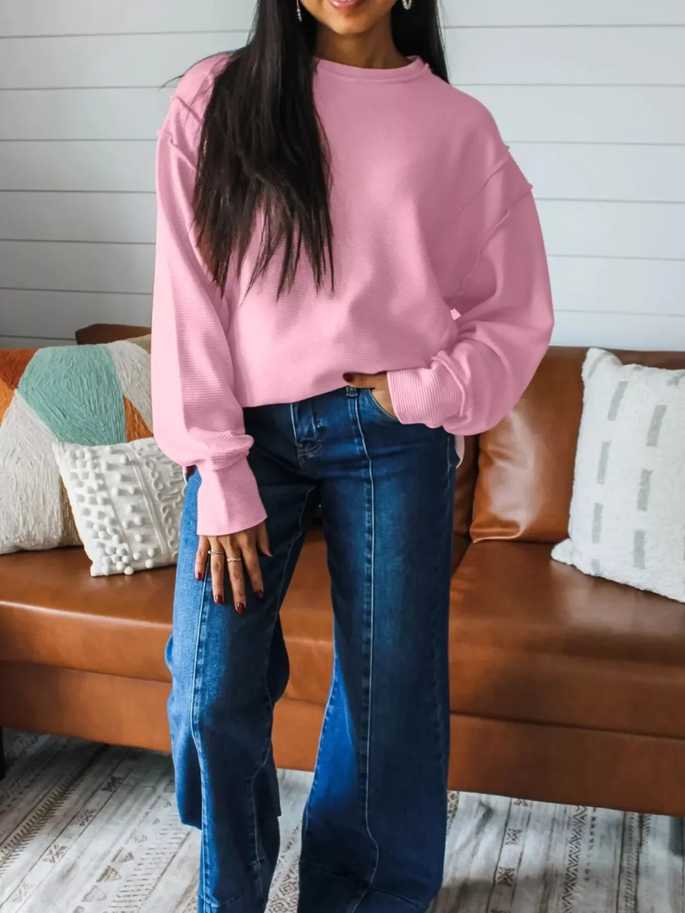 Blush Pink Horizontal Ribbed Drop Shoulder Baggy Pullover – Exposed Seam Detail