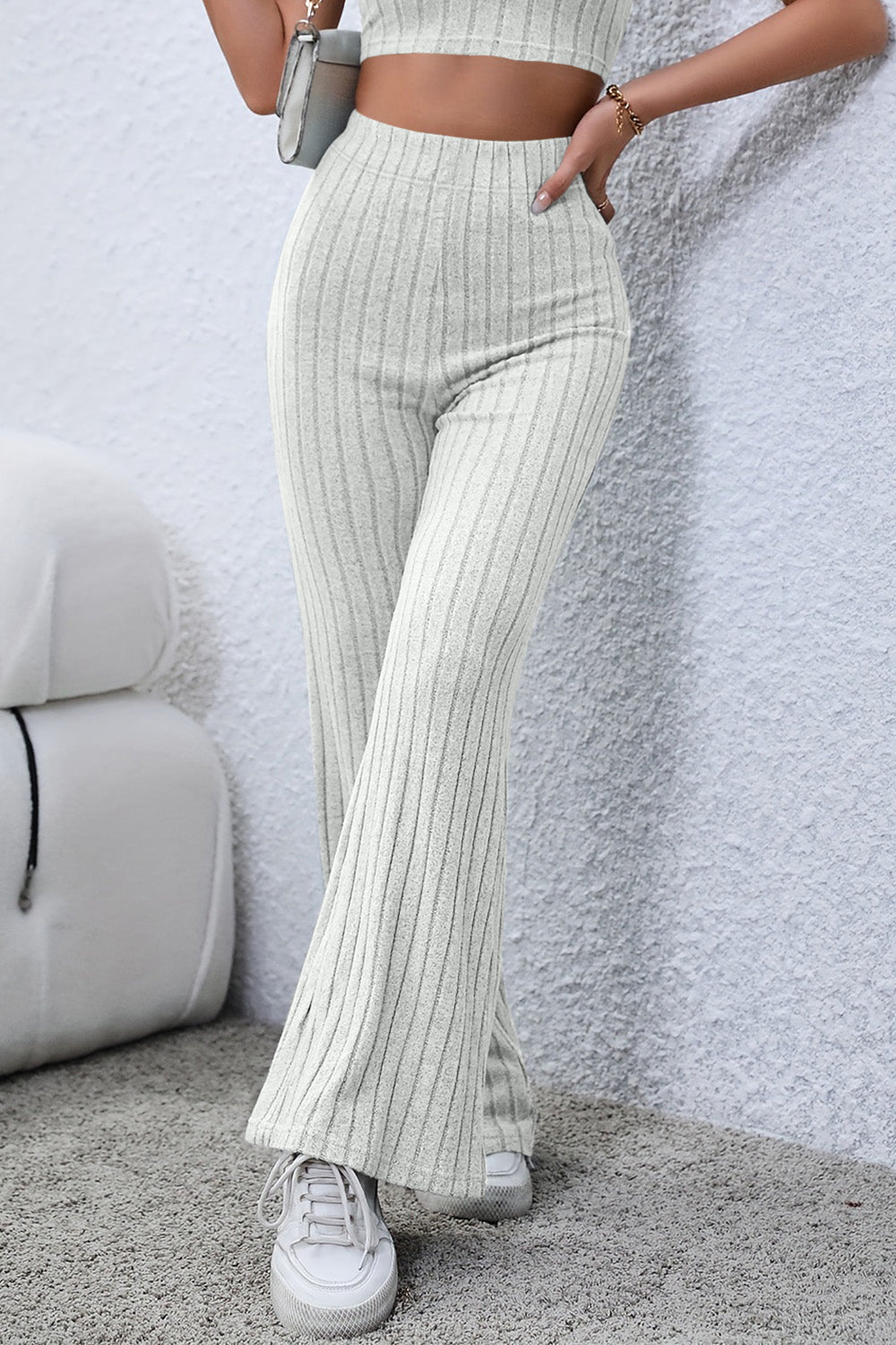 Basic Bae – Gerippte Schlaghose mit hoher Taille in voller Größe