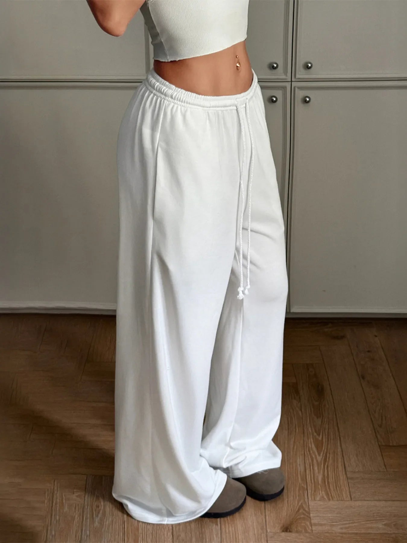 White Relaxed Wide Leg Drawstring Pants