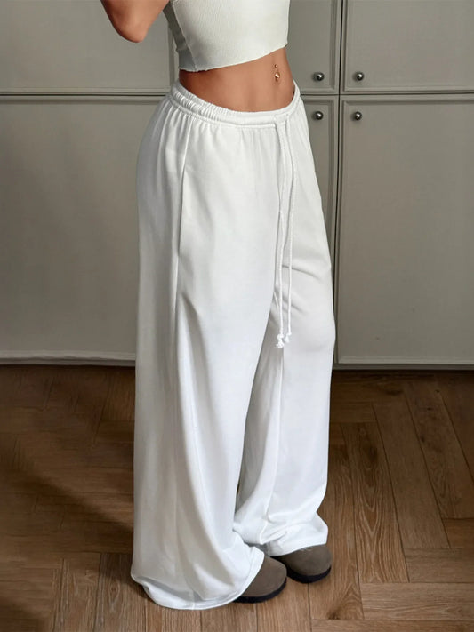 White Relaxed Wide Leg Drawstring Pants